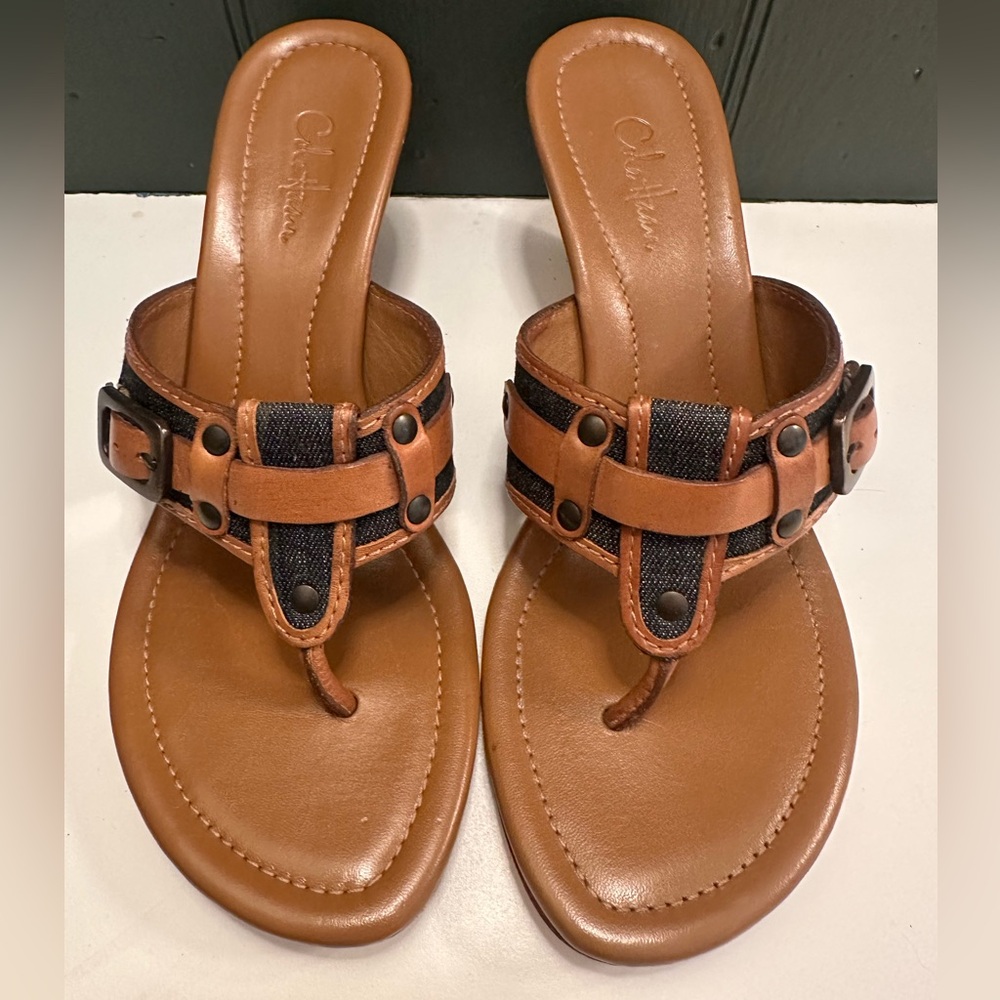 Cole Haan Leather Buckle and Jean Wedge Sandals